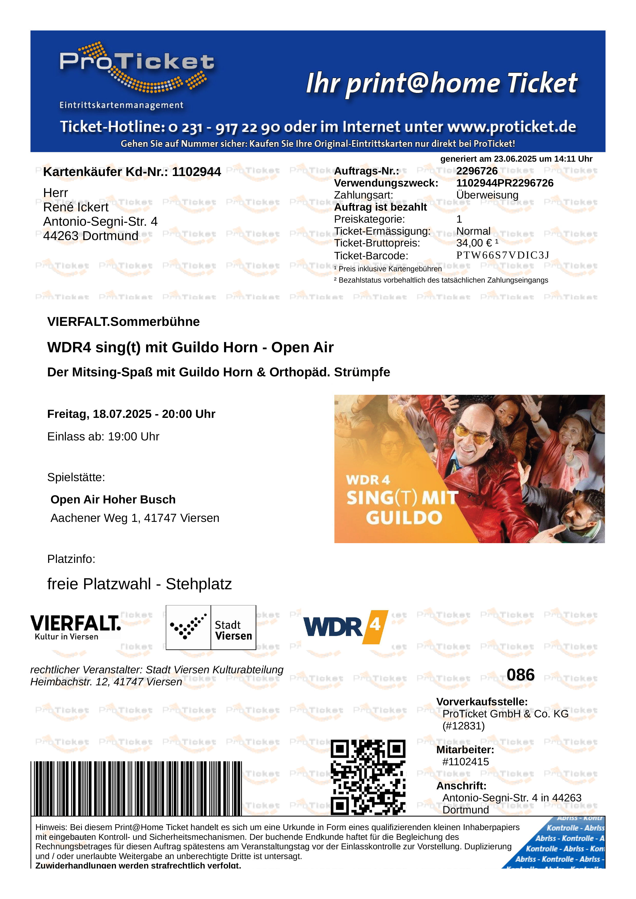 Print@Home-Ticket für WDR4 sing(t) mit Guildo Horn