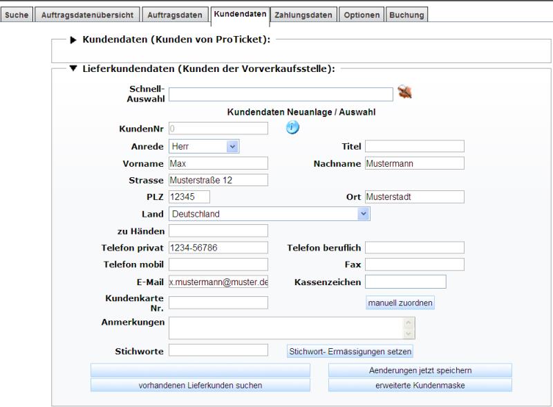 Abbildung eines Kundenverwaltung Eingabefeld des Ticketmanagers von ProTicket