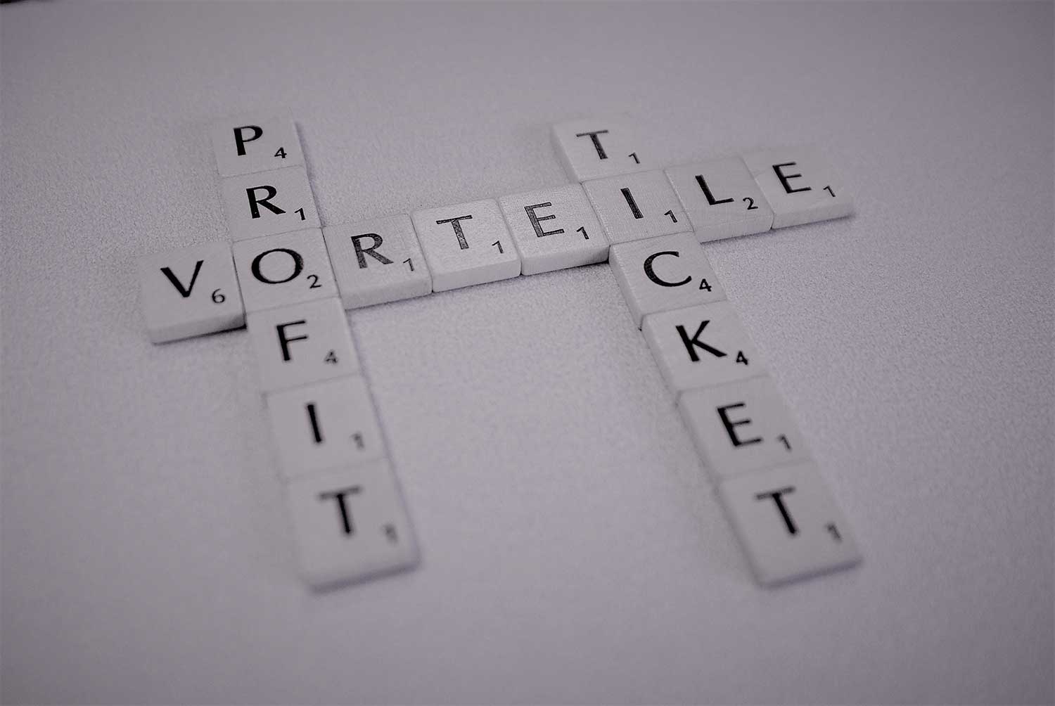 Abbildung von Scrabble Steinen mit den Worten Vorteile Profit und Ticket