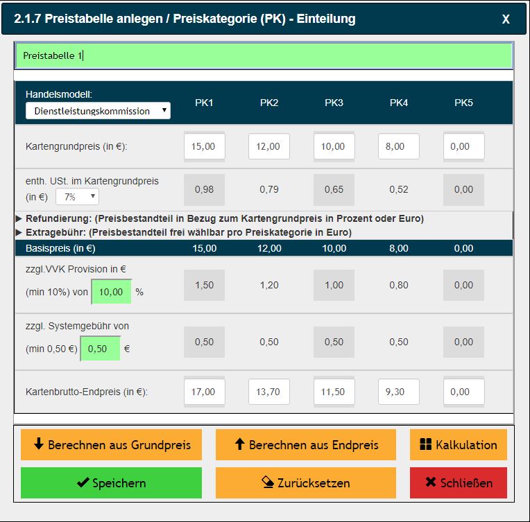 Abb.: Preistabelle anlegen in VGEN 3.0